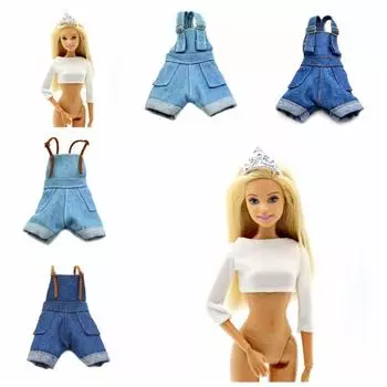 Denim Jeans Doll Suspenders Trousers Outfit Crop Top Fashion Children dark blue-c