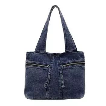 Denim Large Capacity Tote Bag Women Commuter Retro Portable Shoulder Bag светло-синий