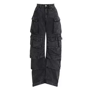 Denim Pants European and American Women s Clothing Denim Pants Fall New Arrival High Waist Large Pocket Loose Casual Loose Pants Black L