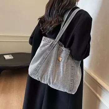 Сумка через плечо из денима, большая вместимость, сумка для покупок в стиле ретро, женская легкая сумка для поездок на работу чёрный