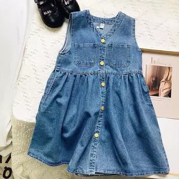 Denim Sleeveless Dresses Baby Girls Summer Fashion Casual Kids 140cm синий