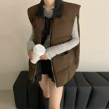 Denim splicing white duck down down vest women s 2024 winter new trend casual thickened vest S