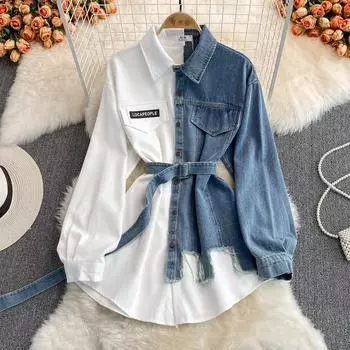 Denim Stitching Lapel Dress Spring and Autumn Waist Slimming Irregular Mid-length Shirt One size хаки