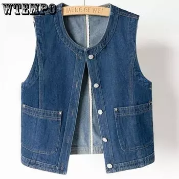Джинсовый жилет женский весна осень узкие джинсовые жилеты куртки женские повседневные безрукавки ковбойские пальто топы M синий