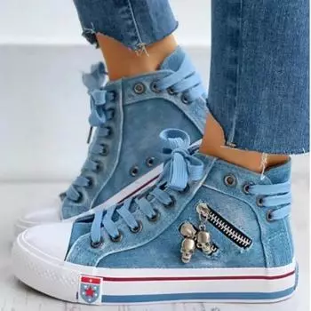 Denim Women Canvas Shoes Skull Metal Decoration Sneakers Retro High-top Casual Sneaker Flat Boots Vulcanized Cowboy Woman Shoes 35 светло-синий