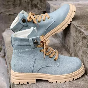 Denim Women s Boots 2024 Spring/Autumn New Thick Soled Ankle Boots for Women Lace-up Work Boot Women Shoes Platform Shoes 36