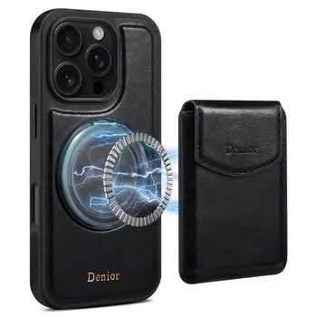 DENIOR D22 Чехол для iPhone 16 Pro Max Съемный карман для карт Вращающаяся подставка Накладка на заднюю панель телефона из натуральной коровьей кожи Black