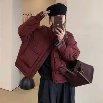 Department of 90 белый утиный пуховый клетчатый пуховик женский короткий 2024 новый сладкий утолщенный хлебный жакет с большим карманом S