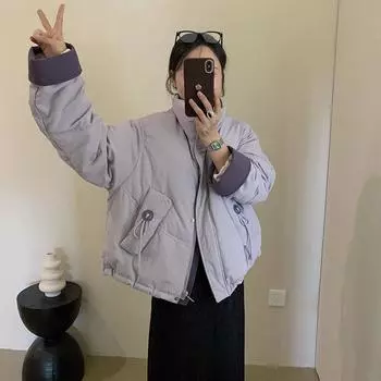 Department of contrasting colors short down jacket women s 2024 new fashion stand-up collar large buckle thickened white duck down sweet bread jacket One Size