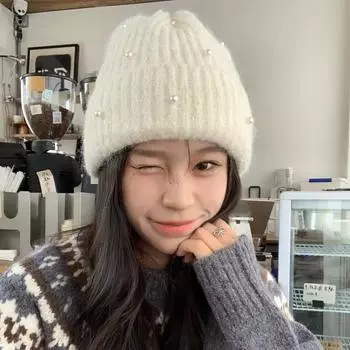 Department of heavy industry pearl warm wool hat women s autumn and winter warm leisure large elastic wool knitted hat One Size Elastic молочный белый