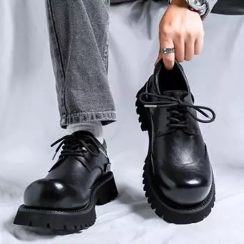 Дерби мужские черные повседневные кожаные туфли с загнутыми носами на платформе с большим носком в британском стиле 66689-X 38