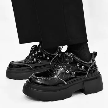 Derby Lacquer leather men s shoes Fashion designer style Outdoor leisure party Daily office walking Youth Thick soled Shoes 38 чёрный