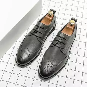 Derby Shoes Men PU Solid Color Lace Up Block Carved Shoes Business Formal Shoes Low Heel Comfortable Breathable Men Shoes 38