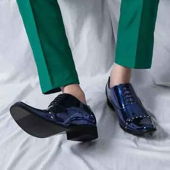 Derbys Wingtip для мужчин, синий кожаный смокинг, туфли-оксфорды, золотые мужские стильные вечерние танцевальные свадебные модельные туфли, большие размеры 38 синий