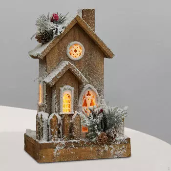 Деревенский дом, светящийся бревенчатый домик, рождественское украшение, светящаяся скульптура, деревянная фигурка