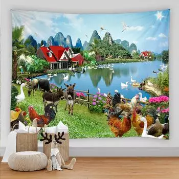 Деревенский гобелен с изображением животных, настенный большой гобелен, фермерский дом, пейзаж, украшение для дома, комнаты, окна, гобелен 100X75CM