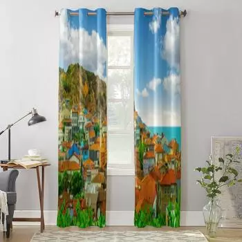 Деревенский пейзаж на побережье, оконная занавеска для детской комнаты, домашние жалюзи, шторы для гостиной, спальни, оконные шторы 135W x 60H(cm) x1