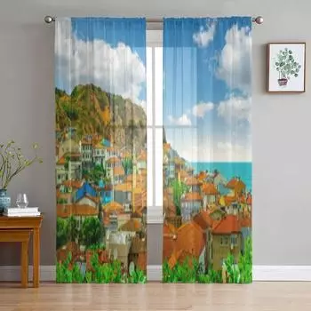 Деревенский пейзаж на побережье, прозрачные шторы для гостиной, детская спальня, тюлевые шторы, кухонные шторы для окон 135W x 114H(cm)