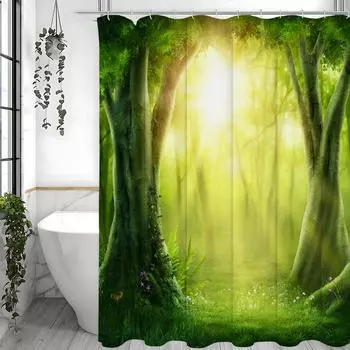 Дерево Глубокий Лес Зелень Лечебный Зеленый Солнечный Душ Занавеска для Душа, Декоративная Занавеска для Душа для Ванной, Водонепроницаемая Занавеска для Душа с 90*180cm