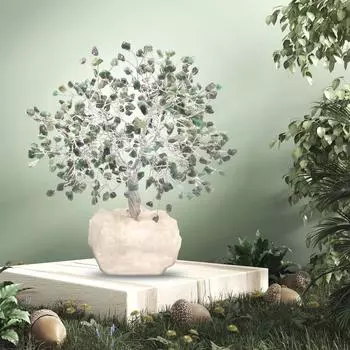 Дерево из изумрудных кристаллов с премиальной подставкой из белого кварца – 500 бусин | Декор Фэн-шуй и Васту для положительной энергии | Кристальное дерево для домашнего декора и подарков