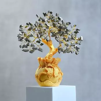Дерево из кристаллов пирита для богатства и процветания – Денежное дерево фэн-шуй с золотым горшком – Бонсай из драгоценных камней для подарка, домашнего декора, офисного стола,
