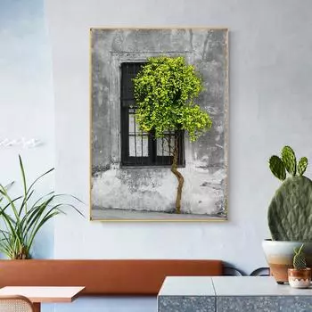 Дерево перед окном Зеленый Фиолетовый Цвет Холст Картины Пейзажи Картины для Гостиной Домашнее Настенное Художественное Украшение Без Рамки 21cm30cm NoFrame