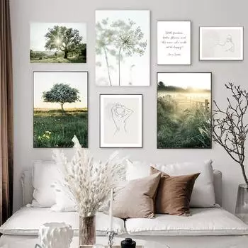 Дерево в скандинавском стиле, картина на холсте, солнечный свет, природа, пейзаж, постер, утренний восход, трава, настенная живопись, скандинавское украшение, картина A4 21x30cm No Frame