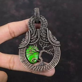 Дерево жизни Медный кулон с бирюзой и зеленой медной проволокой, подвеска с драгоценным камнем, плетеная вручную проволока, подарок для женщин, ювелирные изделия из меди