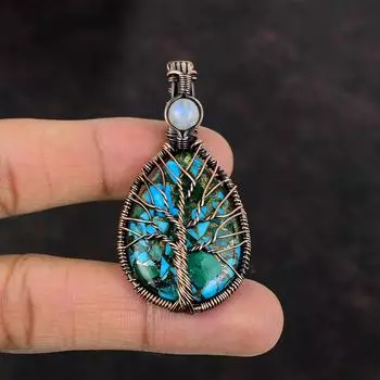 Дерево жизни Медный малахитовый бирюзовый кулон Медная проволока обернутая ювелирные изделия Лунный камень драгоценный камень ювелирные изделия ручной работы Медный кулон подарок для него