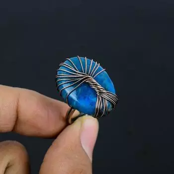 Дерево Жизни Неоновый Синий Апатит Драгоценный Камень Медная Проволока Обернутая Ювелирное Кольцо Ручной Работы Для Нее 4 синий