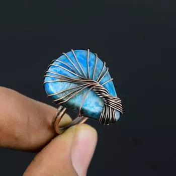 Дерево Жизни Неоновый Синий Апатит Драгоценный Камень Медная Проволока Обернутая Ювелирное Кольцо Ручной Работы Для Нее 4 синий