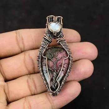 Дерево жизни родонит медный кулон драгоценный камень проволочная обертка кулон радуга лунный камень ювелирные изделия ручной работы кулон дизайнерские ювелирные изделия подарок для нее
