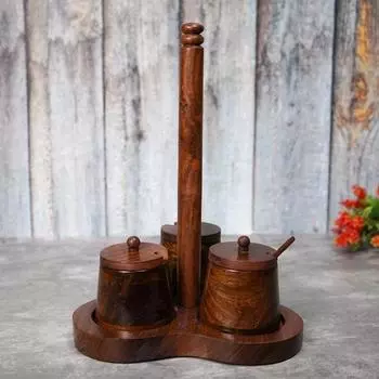 Деревянная банка Sheesham Masala вращающаяся настольная емкость для специй и перца с ложкой 3 в 1