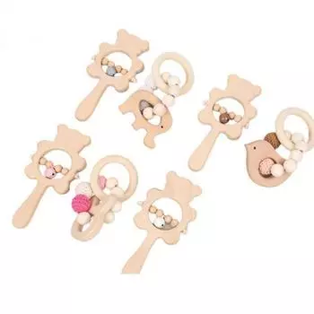 Деревянная детская погремушка-игрушка с защитой от потери, мультяшный медведь, деревянные кольца, игрушка-колокольчик, погремушка для детей rabbit