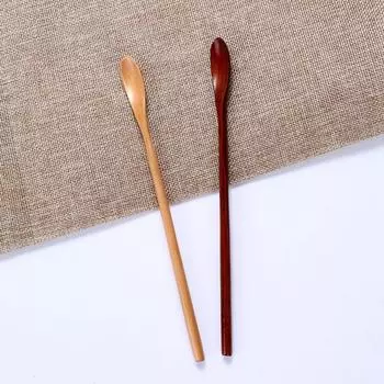 Деревянная длинная ручка для помешивания, приготовления пищи, меда, ложки для чая, кофейные ложки, столовые приборы 5