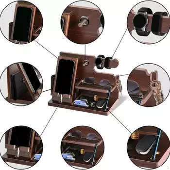 Деревянная док-станция для телефона, прикроватная тумбочка-органайзер, кошелек-органайзер в деревенском стиле, подарок на день отца для