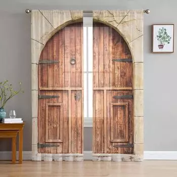 Деревянная дверь, каменная стена, потертый ретро, тюлевые шторы для украшения гостиной, современная шифоновая прозрачная вуаль, занавеска для кухни, спальни 1 PCS W100XH250cm