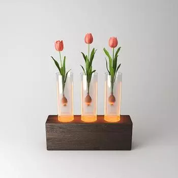 Деревянная гидропонная ваза с подсветкой и 3 отверстиями - женский подарок для любителей растений оранжевый