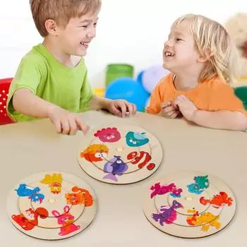 Деревянная головоломка с животными, игрушка-диск, мультяшный динозавр, морское животное, обучающая игрушка для малышей, мальчиков и девочек, вращающаяся круглая доска Fish