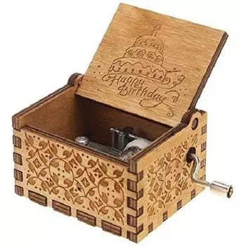 Деревянная гравированная музыкальная шкатулка с ручным приводом (С днем рождения)- Многоцветный(Пакет из 1) коричневый