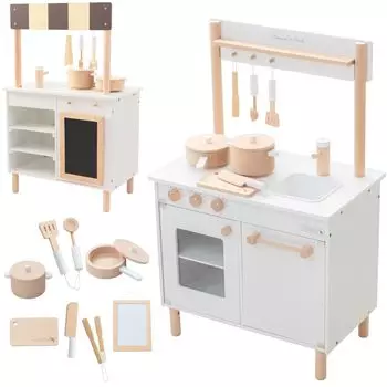 Деревянная игрушка Daiwa Natural Cafe Kitchen в сборе поставляется с доской для приготовления пищи, включающей в себя деревянную игровую доску для жарки, большую игровую площадку из дерева