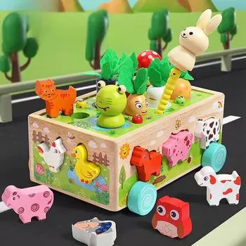 Деревянная игрушка Happy Farm Animal Car 1-2 Baby Pull с игрой на соответствие в форме морковки YZ220-Happy Farm Animal Car