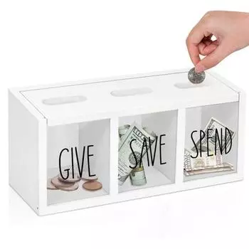 Деревянная копилка с 3 отделениями, копилка для денег, визуализированная копилка для купюр, монет, для детей, взрослых, спальни, офиса белый