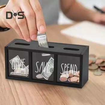 Деревянная копилка с 3 отделениями, копилка для денег, визуализированная копилка для купюр, монет, для детей, взрослых, спальни, офиса черный белый
