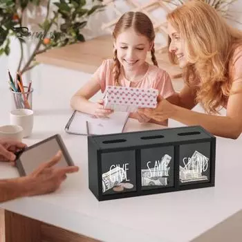 Деревянная копилка с 3 отделениями, копилка для денег, визуализированная копилка для купюр, монет, для детей, взрослых, спальни, офиса белый