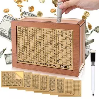 Деревянная копилка с маркером-счетчиком, монетой в долларах США и евро D