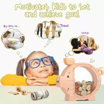 Деревянная копилка с прозрачным акриловым окном, копилка в форме свиньи, контейнер для монет и денег для детей и взрослых, банка для сбережений, украшение для рабочего стола