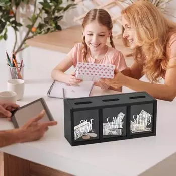 Деревянная копилка Yousheng с 3 отделениями, ящик для сбережений, визуализированные купюры, монеты, ящик для сбережений для детей, взрослых, спальни, офиса белый