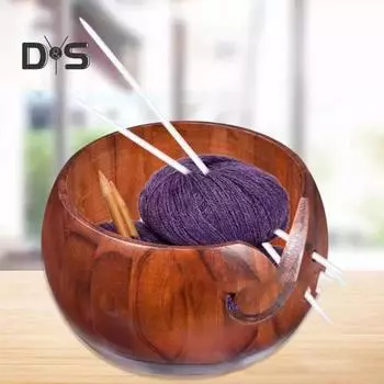 Деревянная круглая миска для пряжи с отверстием в крышке, ручная работа, держатель для хранения клубков пряжи для вязания крючком, органайзер, аксессуары для вязания крючком