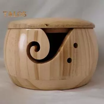 Деревянная круглая миска для пряжи с отверстием в крышке, ручная работа, держатель для хранения клубков пряжи для вязания крючком, органайзер, аксессуары для вязания крючком